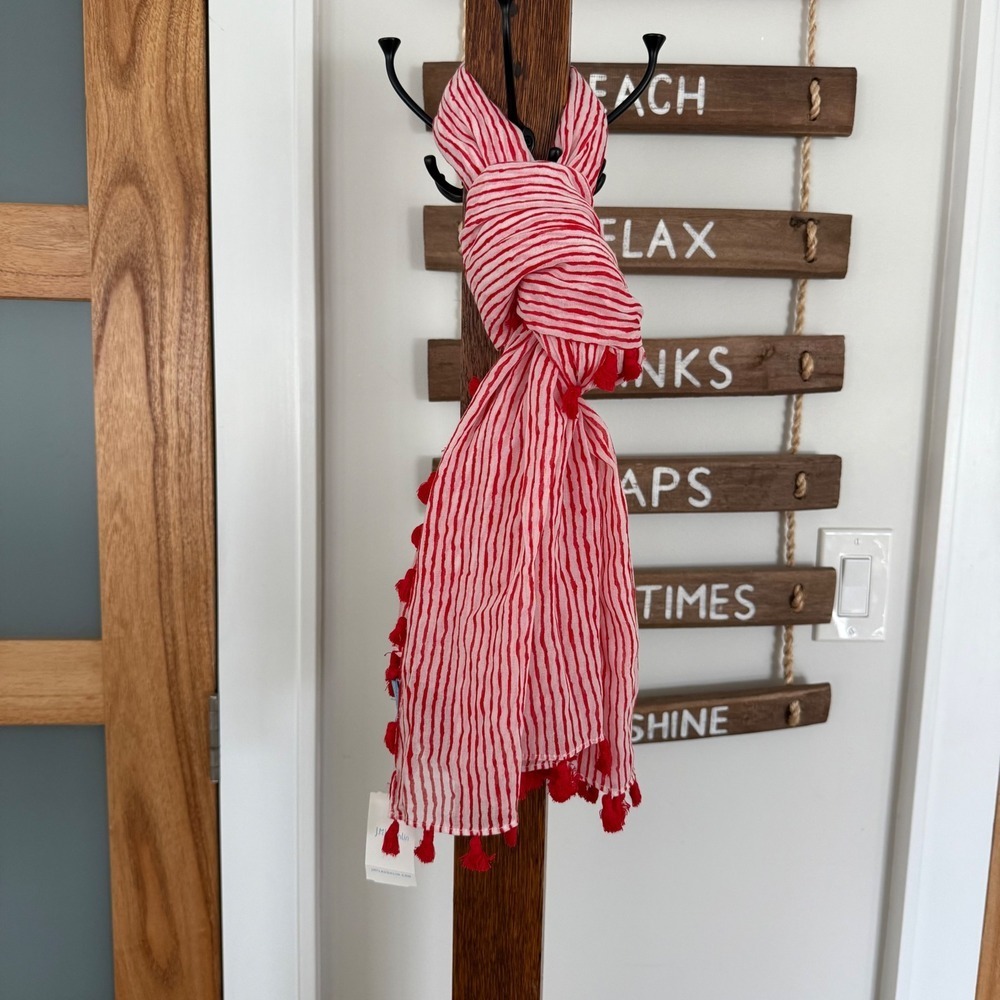 JMclaughlin Tapestry Scarf Wrap Tassel 100% Cotton Hairline Stripe Red White NWT